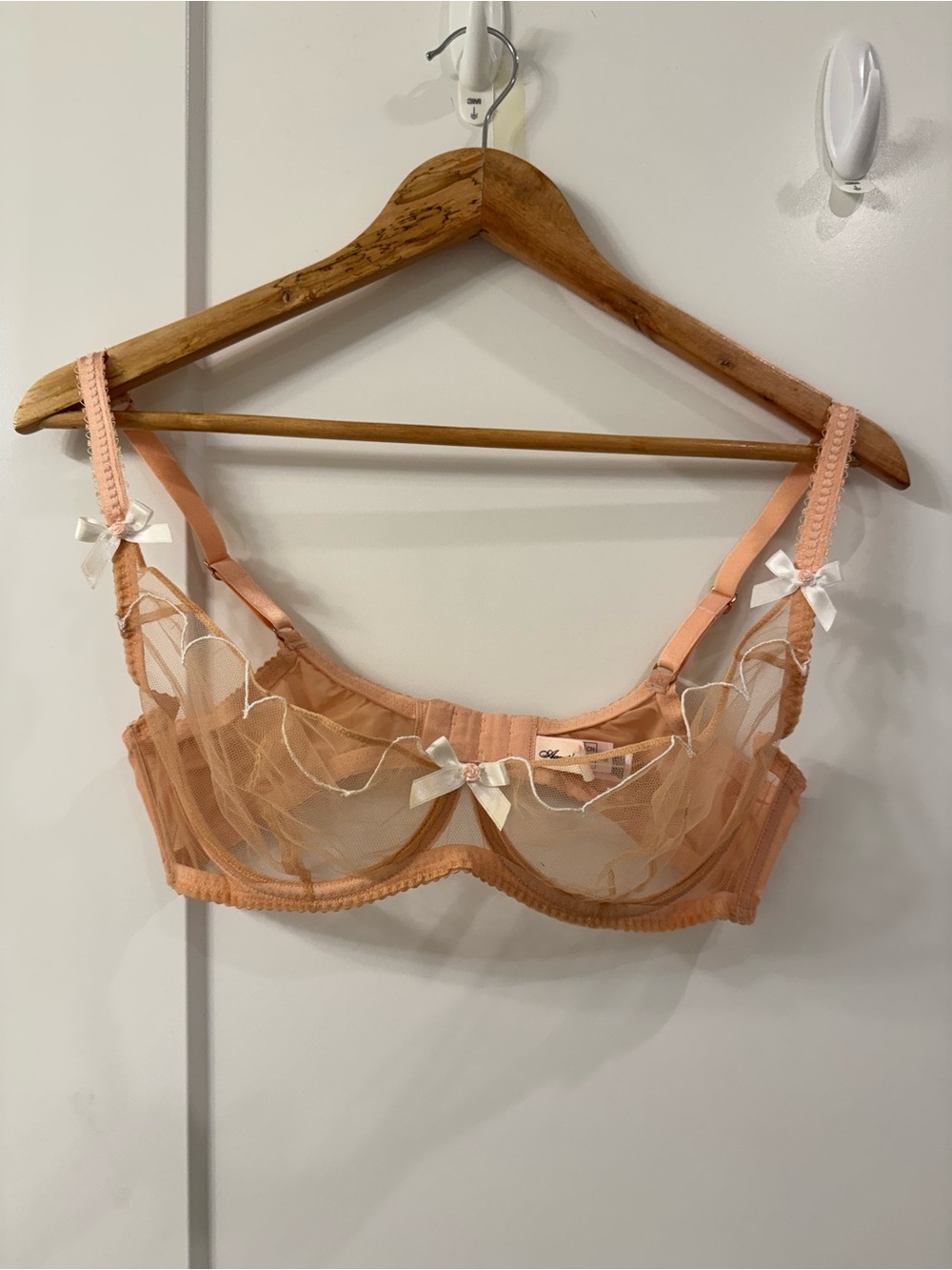 Agent Provocateur Sheer Peach-Pink Lace Underwire Bra with White Bows